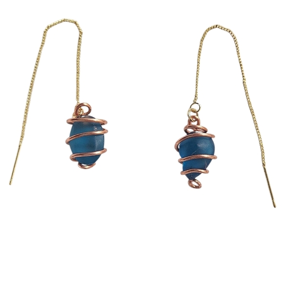 18K Gold Plated Brass Seaglass Threader Dainty Earrings - Picture 1 of 3